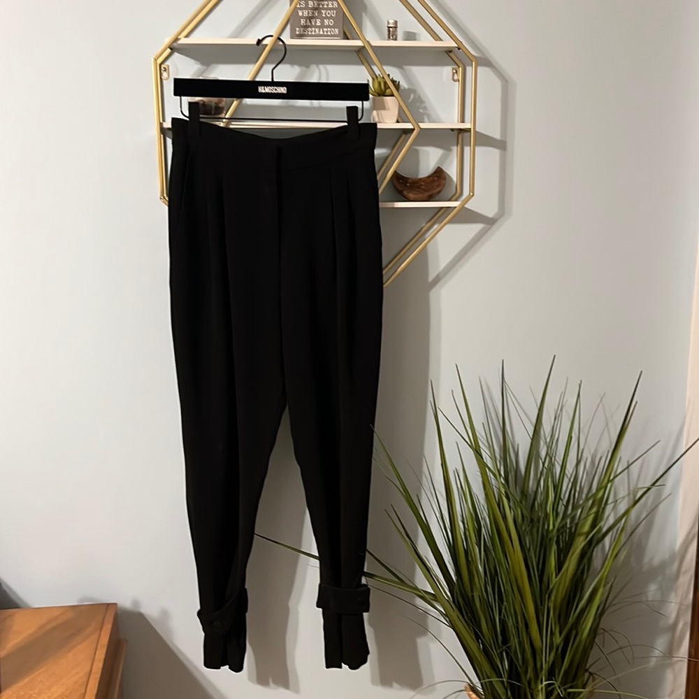 Ankle Band Split Hem Black Slacks